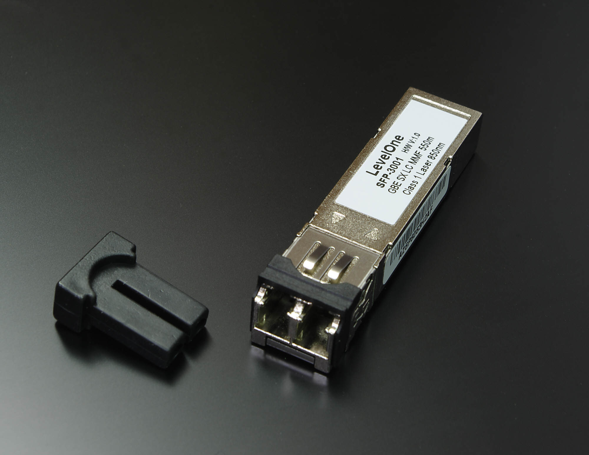 Photograph of a small form-factor pluggable (SFP) multi-mode optical transceiver