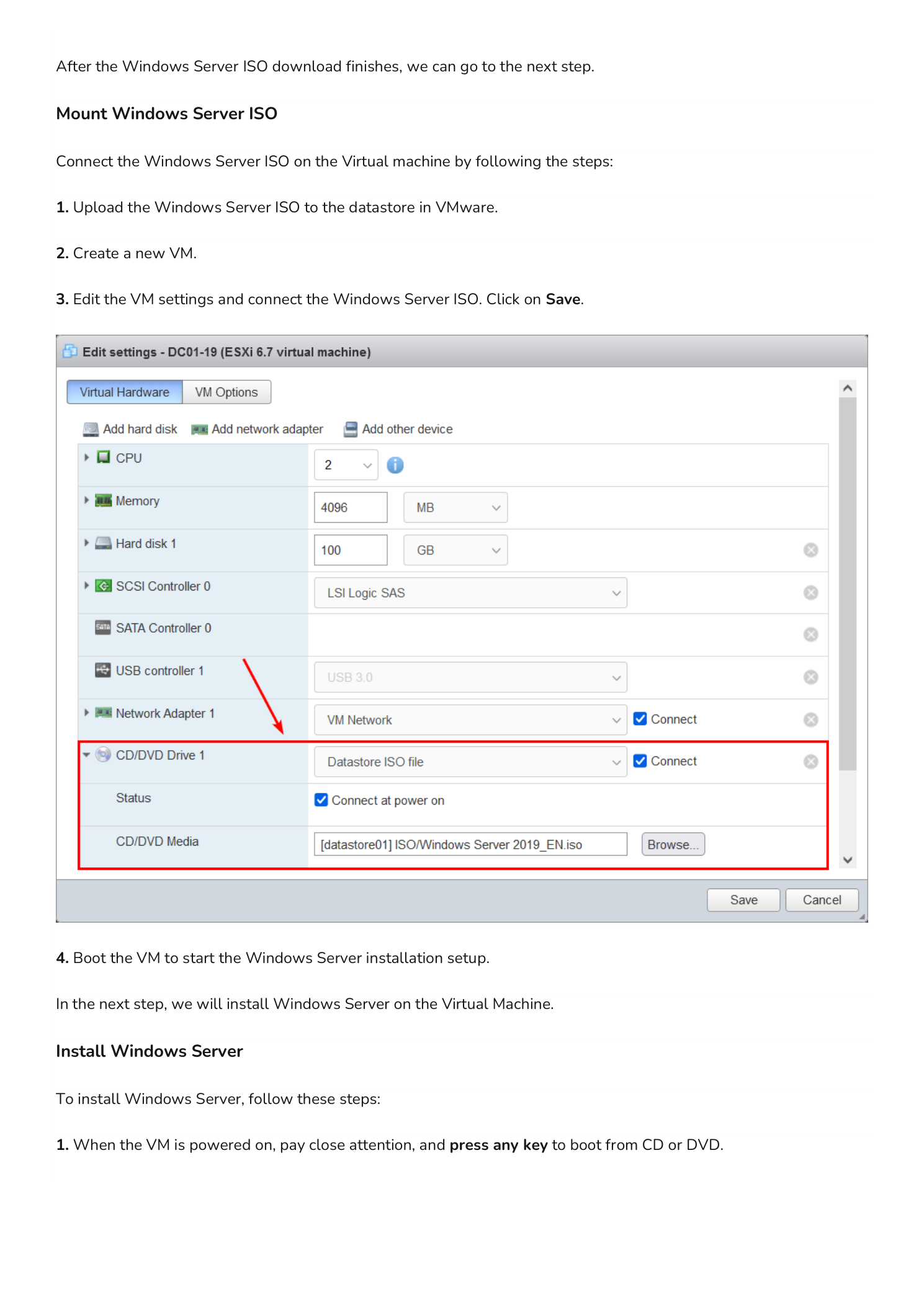 VMware ESXi VM settings with Windows Server ISO attached to CD/DVD Drive