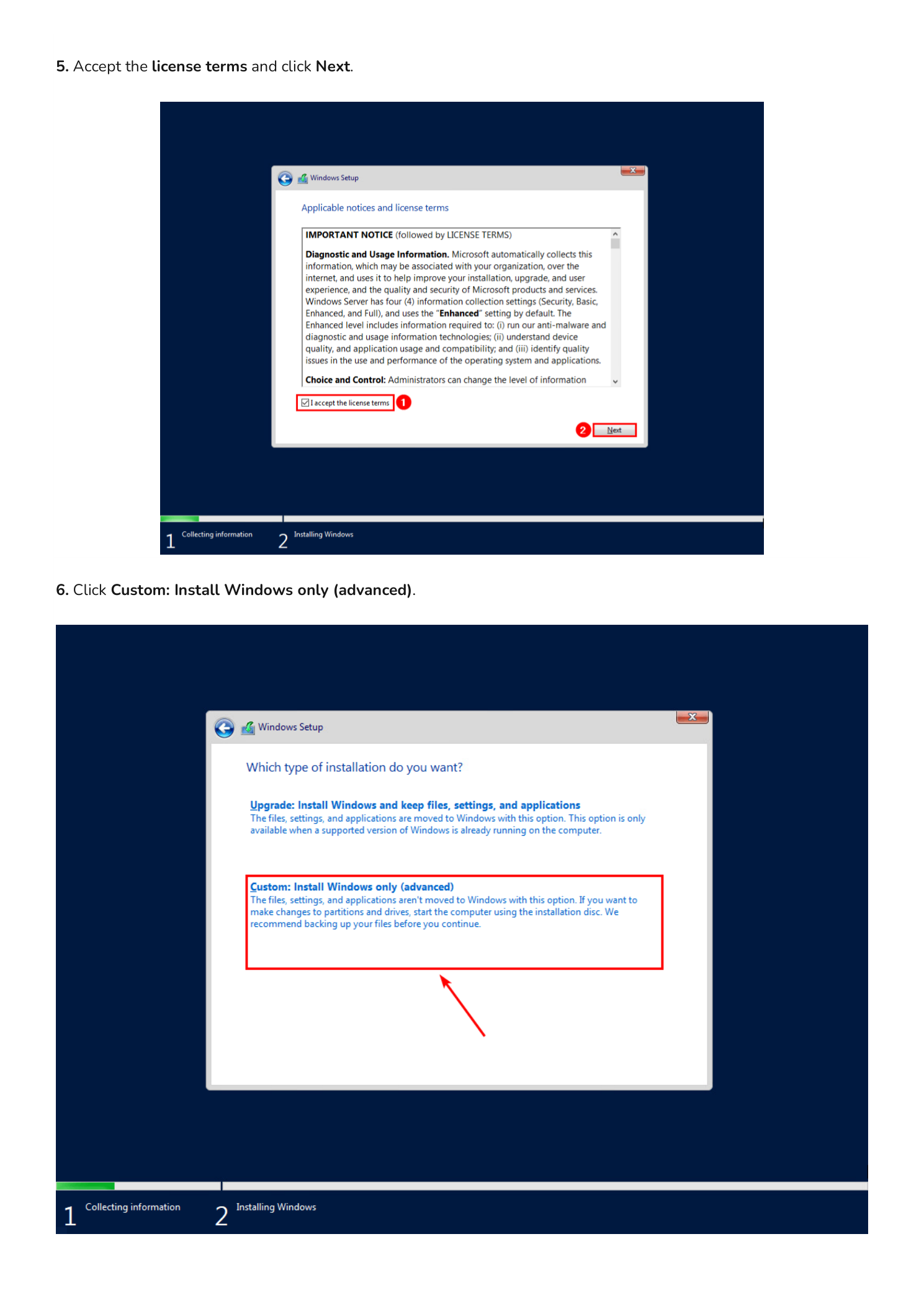 License terms acceptance and custom installation type selection
