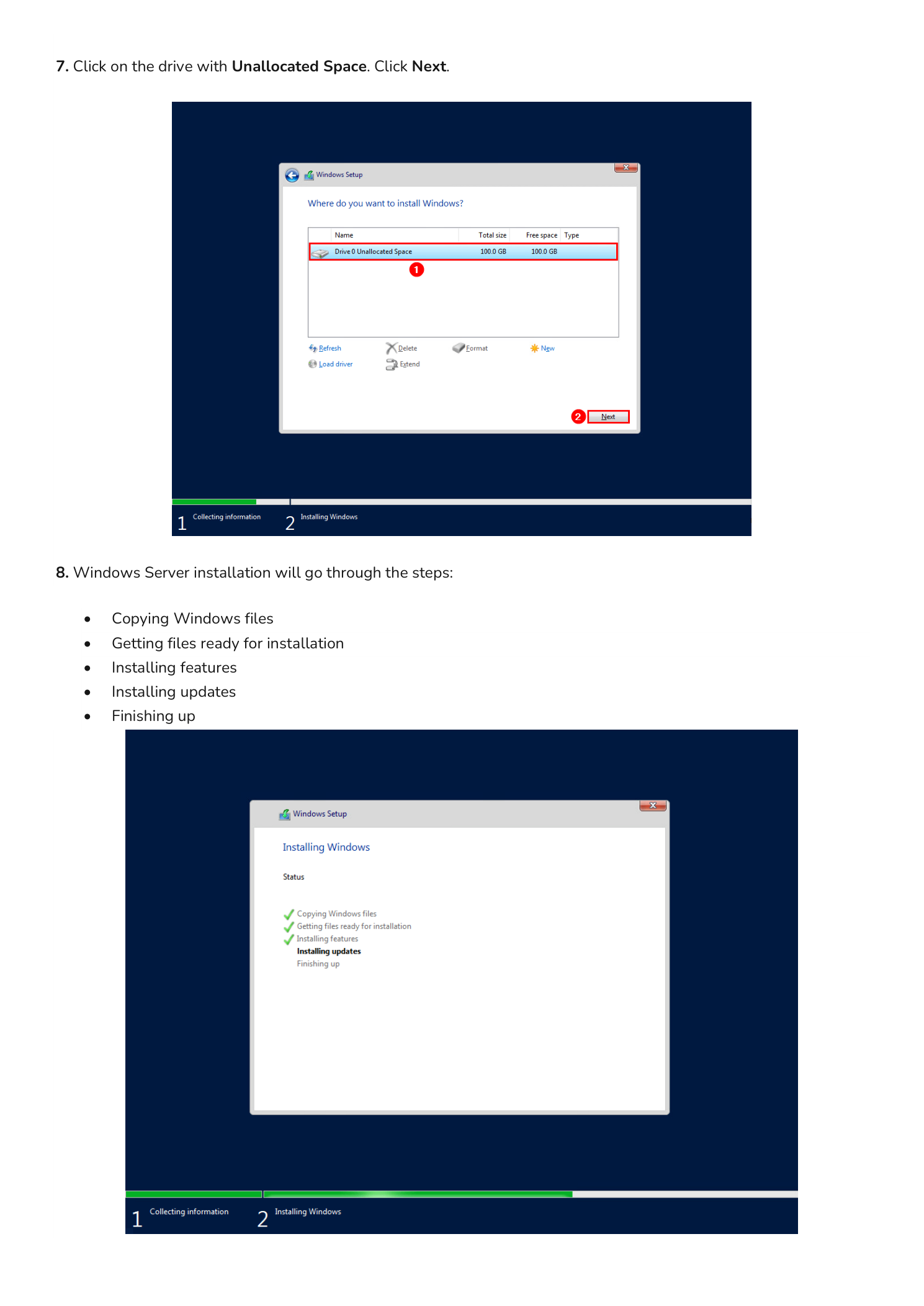 Drive 0 unallocated space selected and Windows installation progress