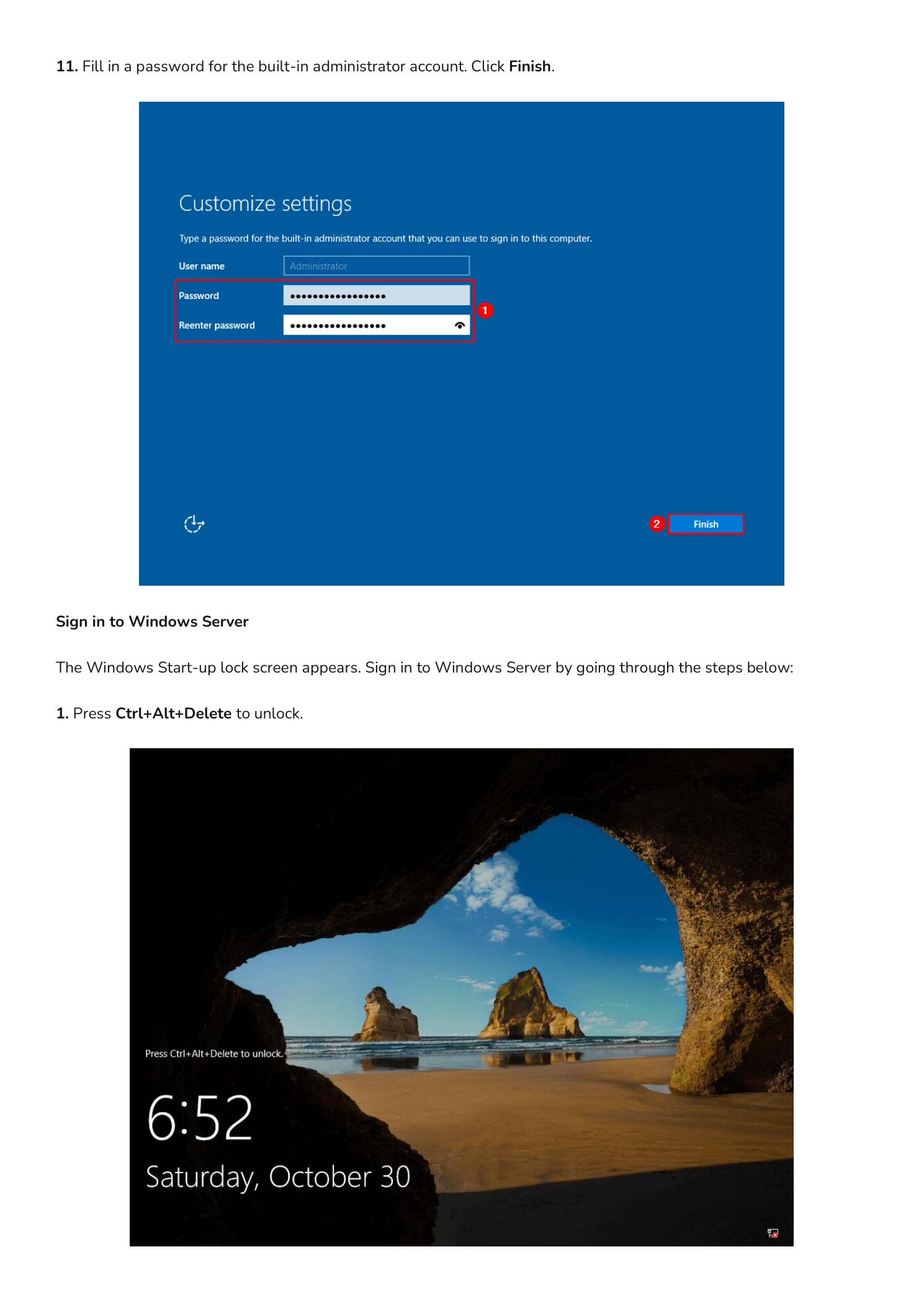 Administrator password setup screen and Windows Server lock screen