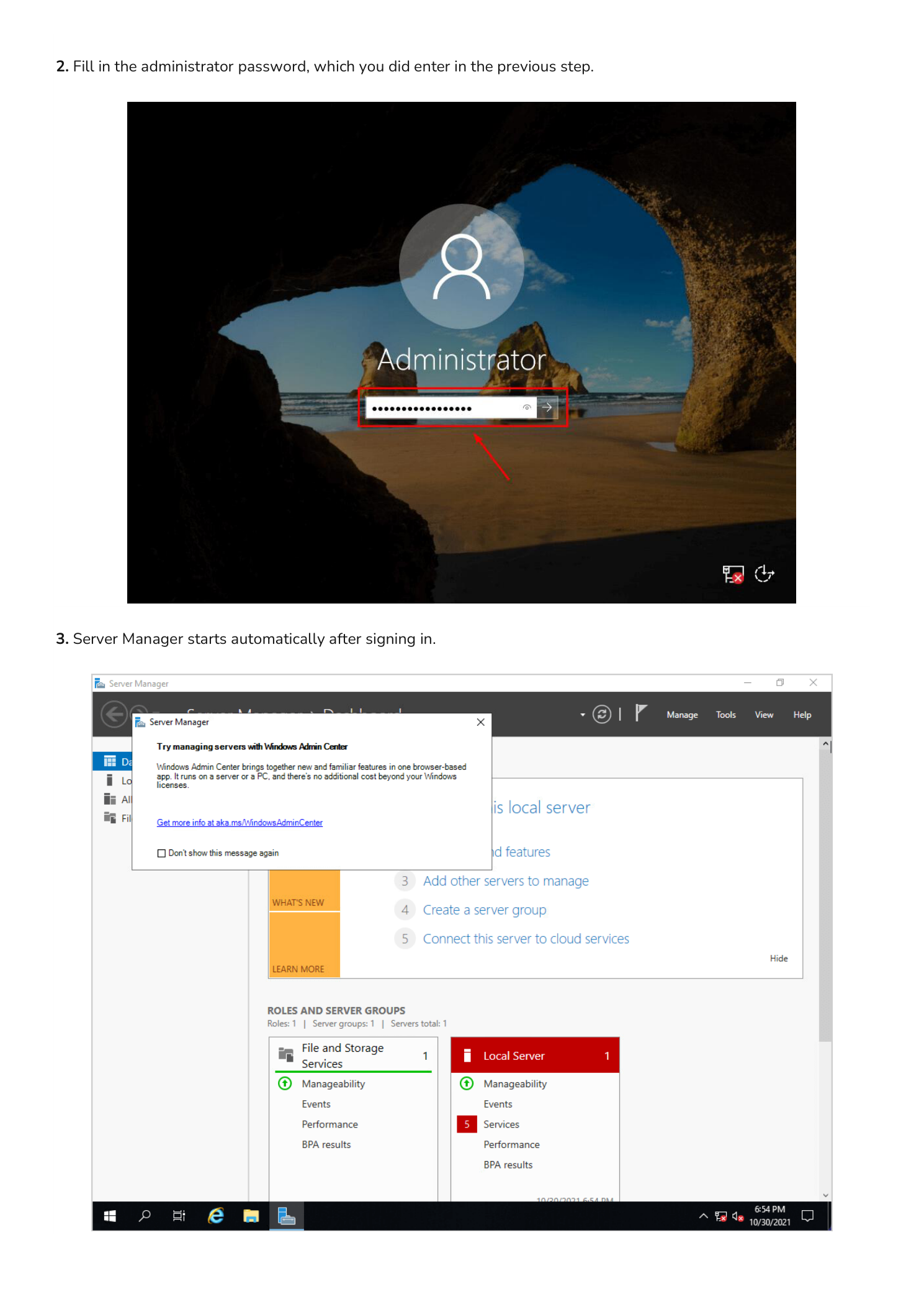 Windows Server sign-in prompt and Server Manager dashboard
