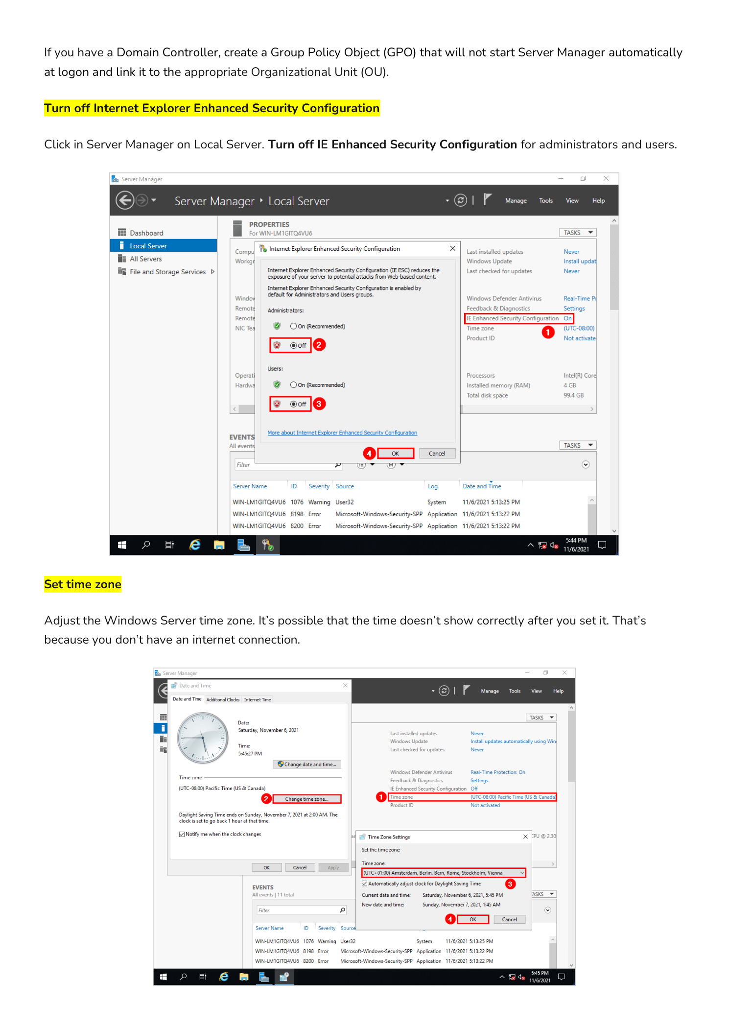 IE Enhanced Security Configuration set to Off and Windows Server time zone settings