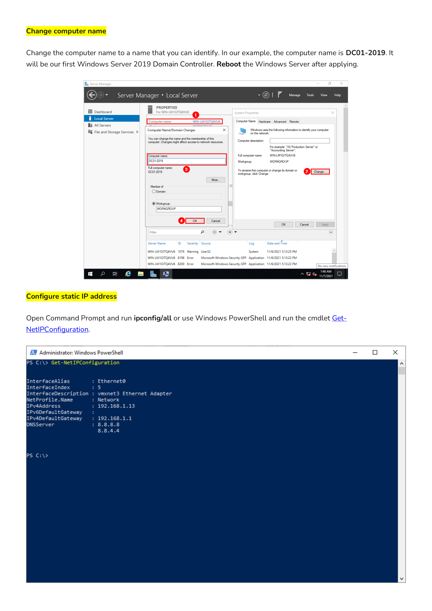 System Properties computer name change and PowerShell Get-NetIPConfiguration output