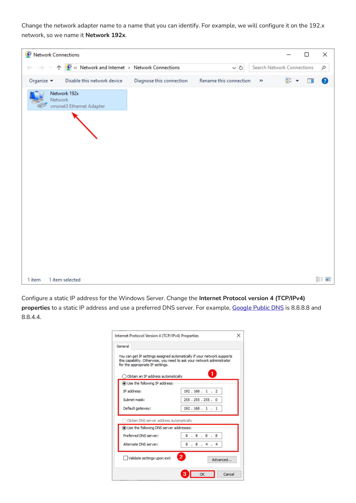 TCP/IPv4 Properties dialog with static IP address, subnet mask, gateway, and DNS configured