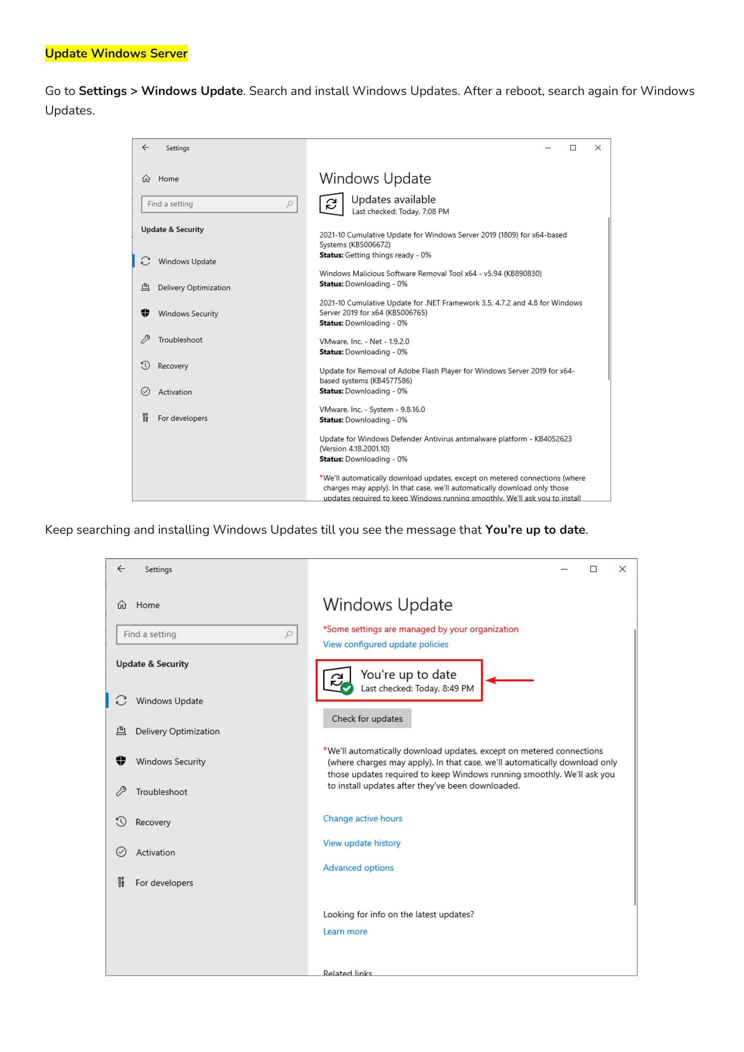 Windows Update showing available updates downloading and You are up to date confirmation screen